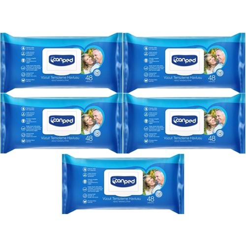 Canped Yetişkin Vücut Perine Temizleme Islak Mendil Havlu 48 Yaprak XL (5 Li Set) Plastik Kapaklı