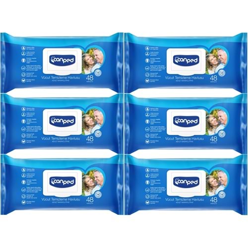 Canped Yetişkin Vücut Perine Temizleme Islak Mendil Havlu 48 Yaprak XL (6 Lı Set) Plastik Kapaklı