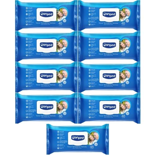 Canped Yetişkin Vücut Perine Temizleme Islak Mendil Havlu 48 Yaprak XL (9 Lu Set) Plastik Kapaklı