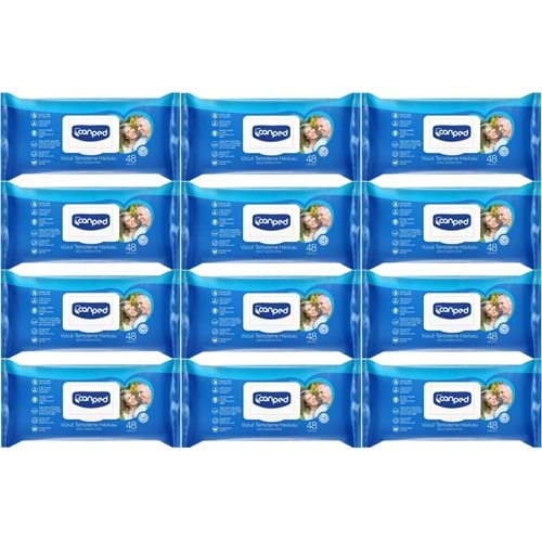 Canped Yetişkin Vücut Perine Temizleme Islak Mendil Havlu 48 Yaprak XL (12 Li Set) Plastik Kapaklı