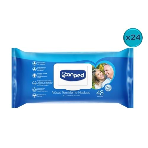 Canped Yetişkin Vücut Perine Temizleme Islak Mendil Havlu 48 Yaprak XL (24 Lü Set) Plastik Kapaklı
