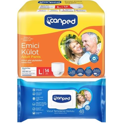 Canped Emici Külot Pants Yetişkin Bezi L - Büyük - Large 14 Adet - Temizleme Havlusu (2Li Set)