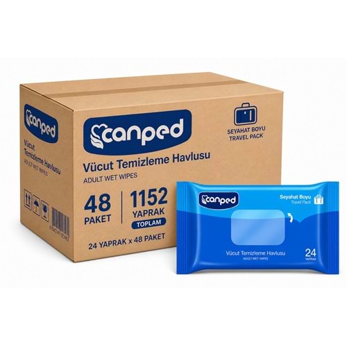 Canped Yetişkin Vücut Temizleme Islak Mendil Havlu 24 Yaprak Seyahat Boy 48 Li Set (1152 Yaprak)