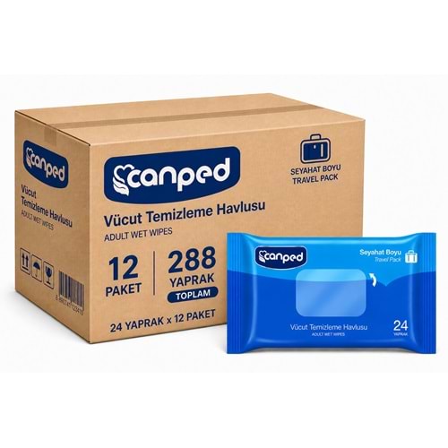 Canped Yetişkin Vücut Temizleme Islak Mendil Havlu 24 Yaprak Seyahat Boy 12 Li Set (288 Yaprak)