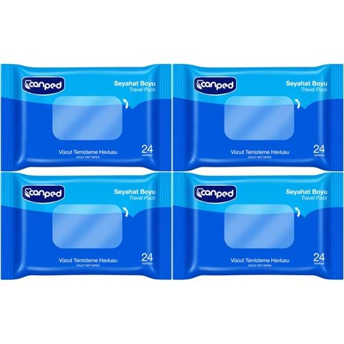 Canped Yetişkin Vücut Temizleme Islak Mendil Havlu 24 Yaprak Seyahat Boy 4 Lü Set (96 Yaprak)