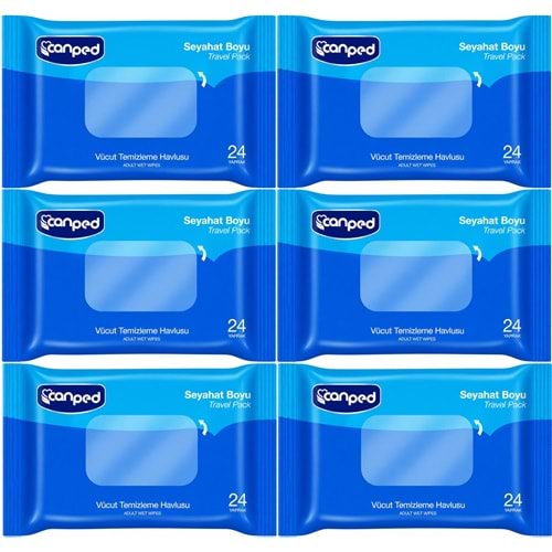 Canped Yetişkin Vücut Temizleme Islak Mendil Havlu 24 Yaprak Seyahat Boy 6 Lı Set (144 Yaprak)