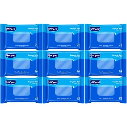 Canped Yetişkin Vücut Temizleme Islak Mendil Havlu 24 Yaprak Seyahat Boy 9 Lı Set (216 Yaprak)