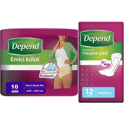 Depend Emici Külot Lohusa Pedi XL - Extra Büyük - Kadın (10 Adet)+Mesane Pedi Kadın Normal (12 Li)