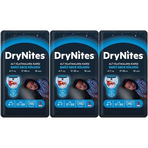 Drynites Emici Gece Külodu/Külot Bez Erkek 4-7 Yaş 17-30KG Small 30Adet 3PK*10 Alt Islatmalara Karşı
