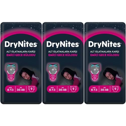 Drynites Emici Gece Külodu/Külot Bez Kız 8-13 Yaş 30-48KG Large 27 Adet 3PK*9 Alt Islatmalara Karşı