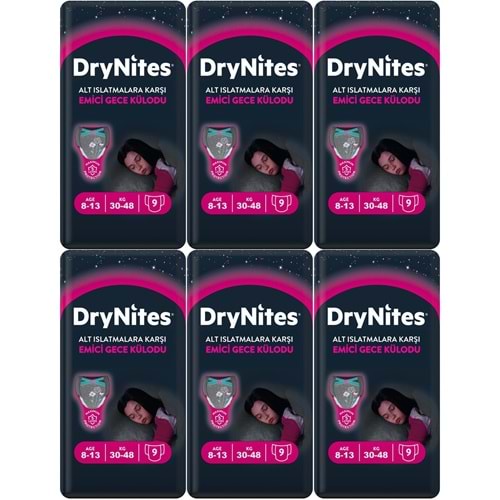 Drynites Emici Gece Külodu/Külot Bez Kız 8-13 Yaş 30-48KG Large 54 Adet 6PK*9 Alt Islatmalara Karşı