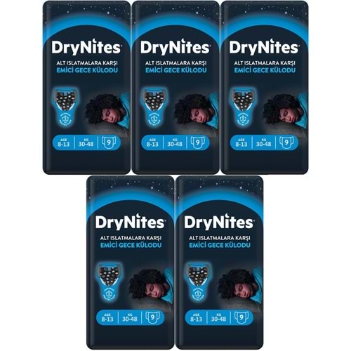 Drynites Emici Gece Külodu/Külot Bez Erkek 8-13 Yaş 30-48KG Large 45Adet 5PK*9 Alt Islatmalara Karşı