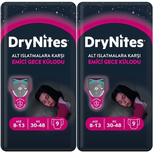 Drynites Emici Gece Külodu/Külot Bez Kız 8-13 Yaş 30-48KG Large 18 Adet 2PK*9 Alt Islatmalara Karşı