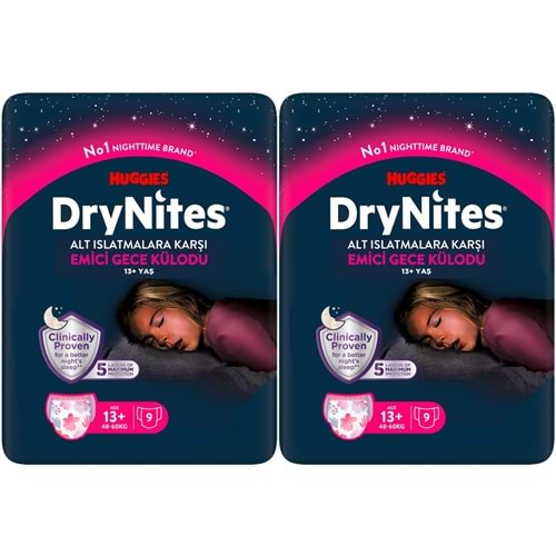 Drynites Emici Gece Külodu/Külot Bez Kız 13+ Yaş (48-60KG) X Large 18 Adet (2PK*9)
