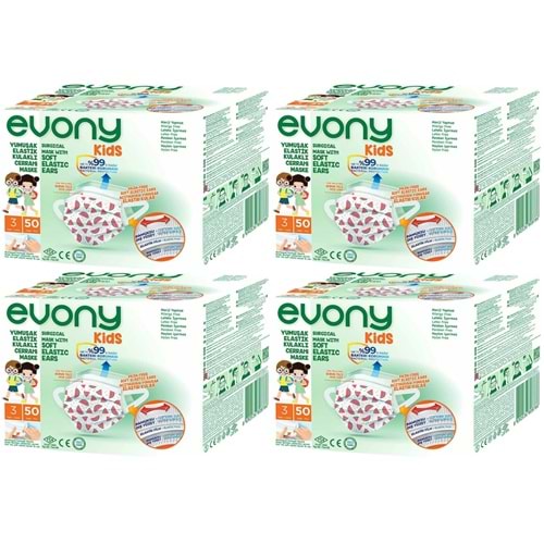 Evony 3 Katlı Filtreli Burun Telli Cerrahi Maske (Kids Çoçuklar İçin) 200 Lü Set (Desenli)