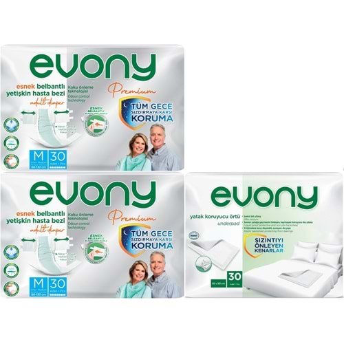 Evony Premium Yetişkin Bezi Bel Bantlı Tekstil Yüzey Orta 60 Adet+ Yatak Koruyucu Örtü 30 Adet