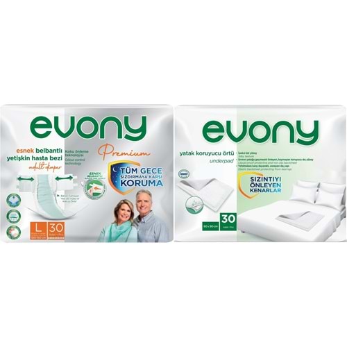 Evony Premium Yetişkin Bezi Bel Bantlı Tekstil Yüzey Büyük 30 Adet+Yatak Koruyucu Örtü 30 Adet