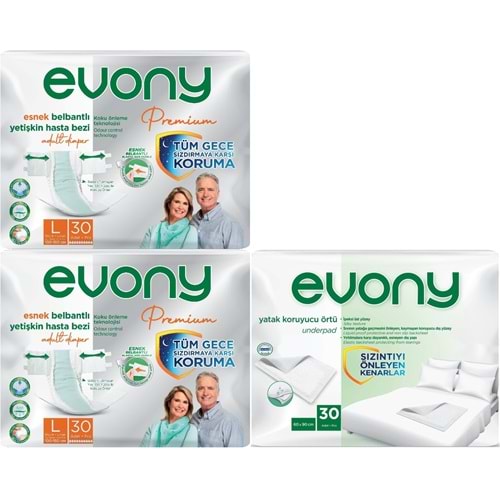 Evony Premium Yetişkin Bezi Bel Bantlı Tekstil Yüzey Büyük 60 Adet+Yatak Koruyucu Örtü 30 Adet