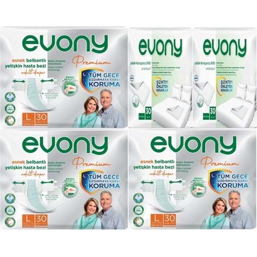 Evony Premium Yetişkin Bezi Bel Bantlı Tekstil Yüzey Büyük 90 Adet+Yatak Koruyucu Örtü 60 Adet