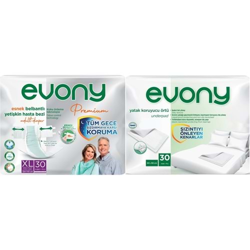 Evony Premium Yetişkin Bezi Bel Bantlı Tekstil Yüzey XL 30 Adet + Yatak Koruyucu Örtü 30 Adet