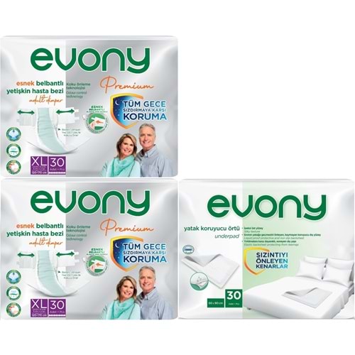 Evony Premium Yetişkin Bezi Bel Bantlı Tekstil Yüzey XL 60 Adet + Yatak Koruyucu Örtü 30 Adet
