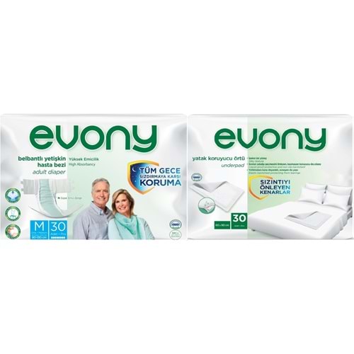 Evony Yetişkin Bezi Bel Bantlı Tekstil Yüzey Orta 30 Adet + Yatak Koruyucu Örtü 30 Adet