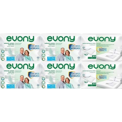 Evony Yetişkin Bezi Bel Bantlı Tekstil Yüzey Orta 120 Adet + Yatak Koruyucu Örtü 60 Adet