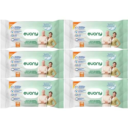 Evony Yetişkin Vücut Perine Temizleme Islak Mendil Havlu 48 Yaprak XL Banyo Ferahlığı (6 Lı Set)