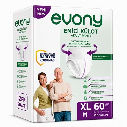 Evony Yetişkin Bezi Emici Külot XL - Ekstra Büyük - Extra Large 60 Adet