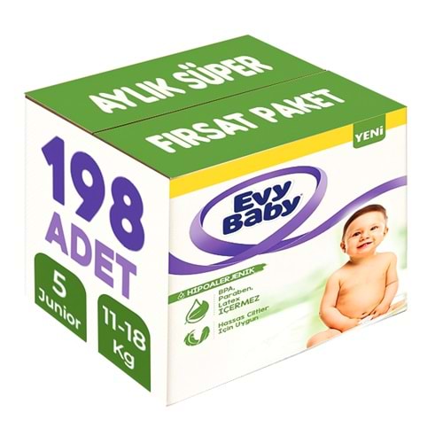 Evy Baby Bebek Bezi 5 Beden 11-18 KG Junior 198 Adet Aylık Süper Fırsat Pk