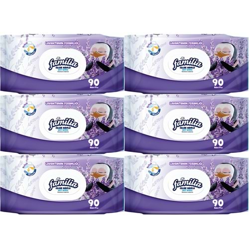 Familia Islak Havlu Mendil Lavantanın Ferahlığı 90 Yaprak Plastik Kapaklı 6 Lı Set 540 Yaprak