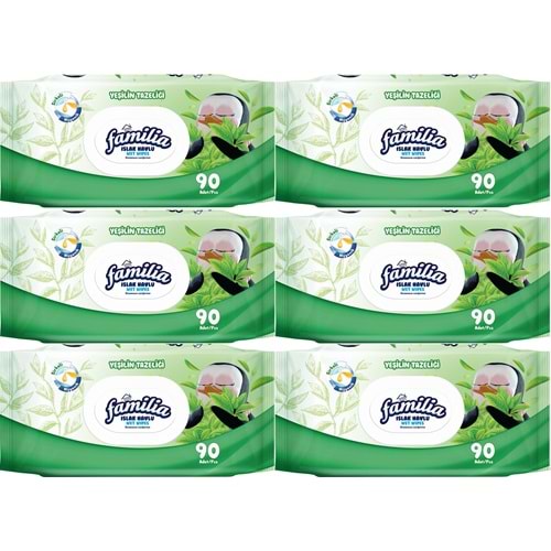 Familia Islak Havlu Mendil Yeşilin Tazeliği 90 Yaprak Plastik Kapaklı 6 Lı Set 540 Yaprak