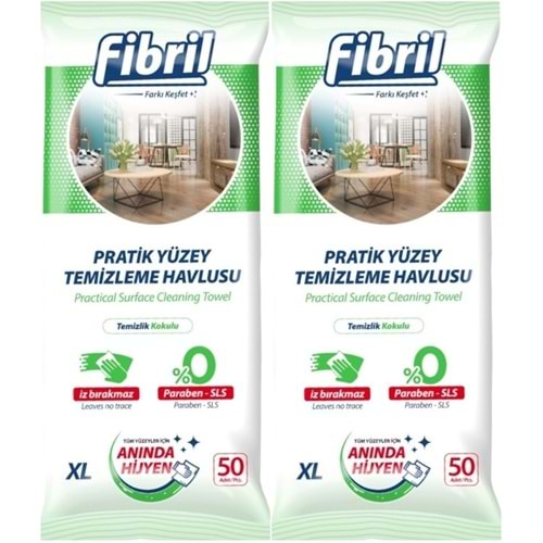 Fibril Yüzey Temizlik Havlusu 50 Yaprak XL Temizlik Kokulu 2 Li Set 100 Yaprak Plastik Kapaklı