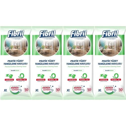Fibril Yüzey Temizlik Havlusu 50 Yaprak XL Temizlik Kokulu 4 Lü Set 200 Yaprak Plastik Kapaklı