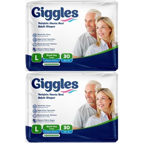 Giggles Yetişkin Bezi Bel Bantlı Tekstil Yüzey Büyük - Large (L) 60 Adet (2PK*30)