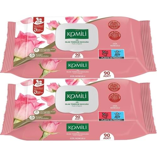 Komili Islak Havlu Mendil 90 Yaprak Gül Kokulu (2 Li Set) Pratik Kapaklı (180 Yaprak)