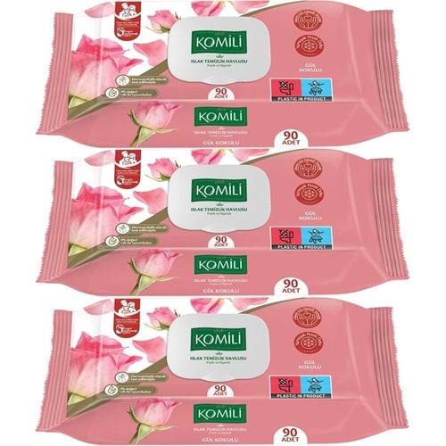 Komili Islak Havlu Mendil 90 Yaprak Gül Kokulu (3 Lü Set) Pratik Kapaklı (270 Yaprak)