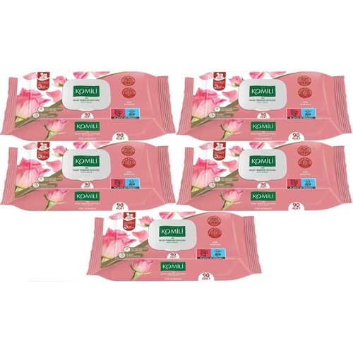 Komili Islak Havlu Mendil 90 Yaprak Gül Kokulu (5 Li Set) Pratik Kapaklı (450 Yaprak)
