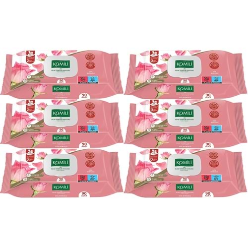 Komili Islak Havlu Mendil 90 Yaprak Gül Kokulu (6 Lı Set) Pratik Kapaklı (540 Yaprak)