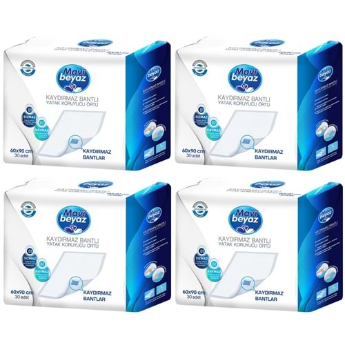 Mavi Beyaz Yetişkin Alt Açma Yatak Koruyucu Örtü 60*90CM 120 Adet (4Pk*30) Kaydırmaz Bantlı