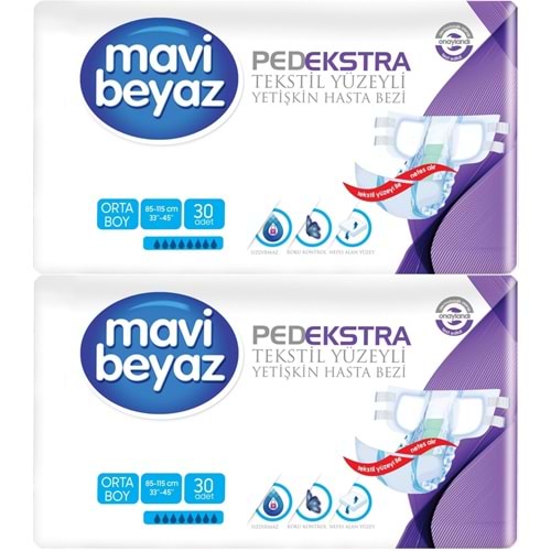 Mavi Beyaz Ped Ekstra Tekstil Yüzeyli Bel Bantlı Yetişkin Bezi M - Medium - Orta 60 Adet