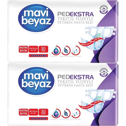 Mavi Beyaz Ped Ekstra Tekstil Yüzeyli Bel Bantlı Yetişkin Bezi XL -Extra Large -Ekstra Büyük 60 Adet