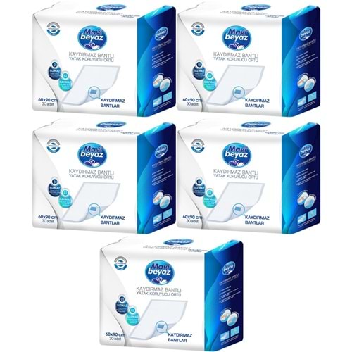 Mavi Beyaz Yetişkin Alt Açma Yatak Koruyucu Örtü 60*90CM 150 Adet (5PK*30) Kaydırmaz Bantlı