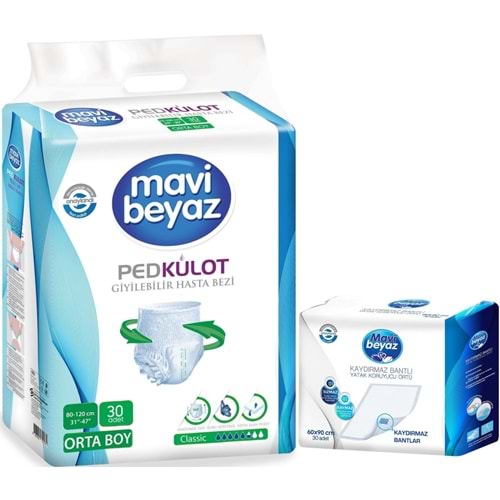 Mavi Beyaz Ped Emici Külot Yetişkin Bezi M -Medium Orta 30 Adet + Yatak Koruyucu Örtü 60*90CM 30 Adt