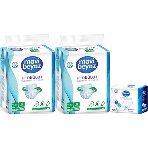 Mavi Beyaz Ped Emici Külot Yetişkin Bezi M -Medium Orta 60 Adet + Yatak Koruyucu Örtü 60*90CM 30 Adt