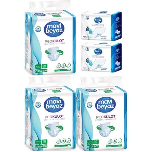 Mavi Beyaz Ped Emici Külot Yetişkin Bezi M -Medium Orta 90 Adet + Yatak Koruyucu Örtü 60*90CM 60 Adt
