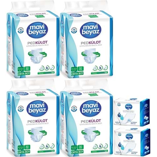 Mavi Beyaz Ped Emici Külot Yetişkin Bezi M -Medium Orta 120 Adet + Yatak Koruyucu Örtü 60*90CM 60Adt