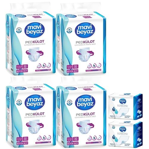 Mavi Beyaz Ped Emici Külot Yetişkin Bezi L -Large Büyük 120 Adet +Yatak Koruyucu Örtü 60x90CM 60 Adt