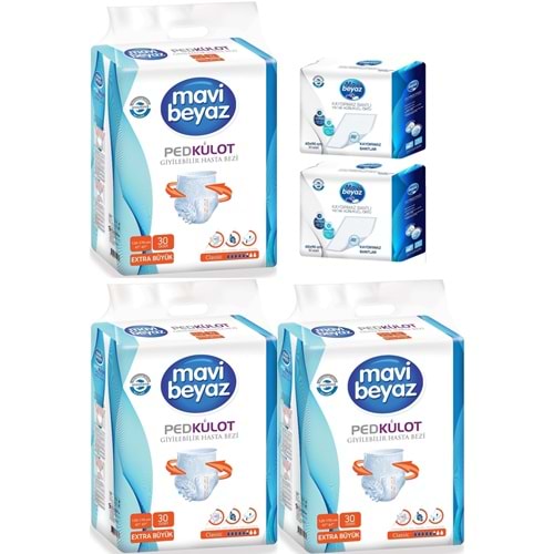 Mavi Beyaz Ped Emici Külot Yetişkin Bezi XL-Ekstra Büyük 90 Adet + Yatak Koruyucu Örtü 60*90CM 60 Adet