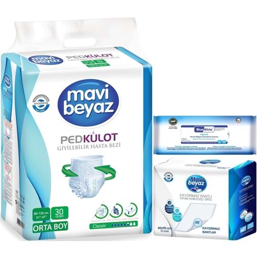 Mavi Beyaz Ped Emici Külot Yetişkin Bezi M 30 Adet + Yatak Koruyucu 30 Adet + Temizleme Havlusu 1 Pk